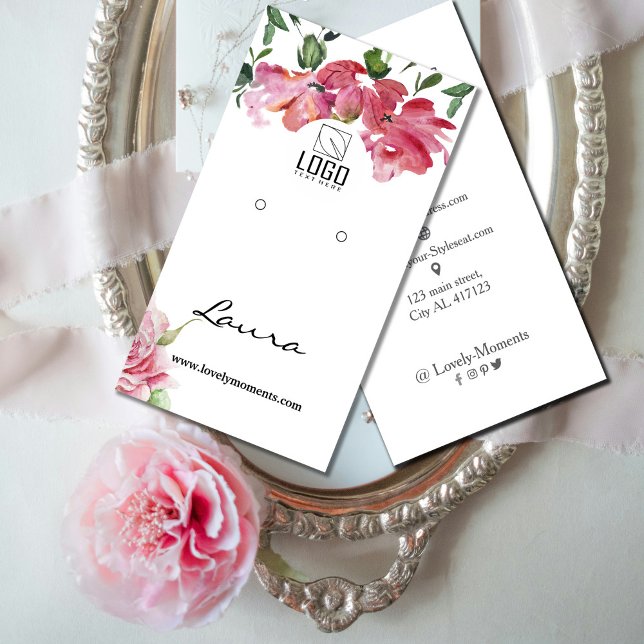 Handmålade akvarellblommor örhänge display  visitkort (Hand-painted watercolor flowers earring display business card #flowersearrringdisplaycard #zazzle)