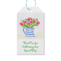 Handmålade akvarelltulpaner, blårandig kanna