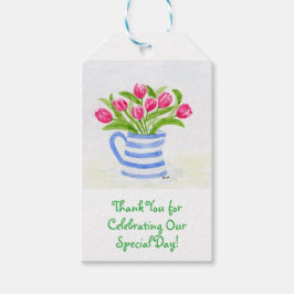 Handmålade akvarelltulpaner, blårandig kanna presentetikett