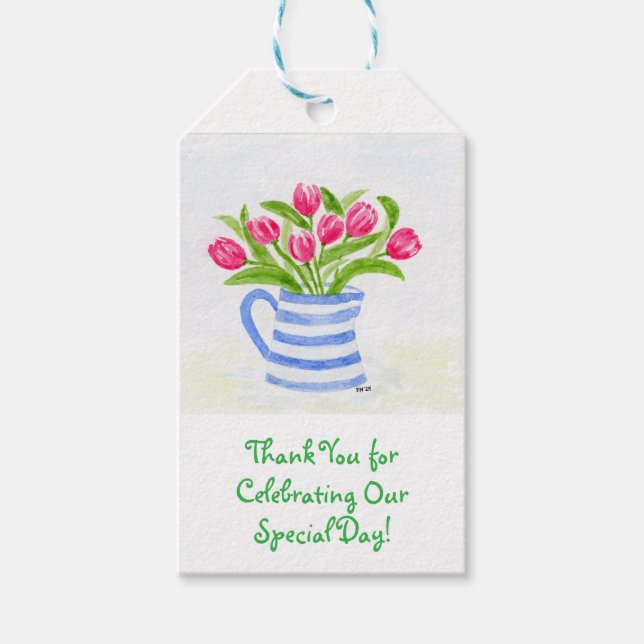 Handmålade akvarelltulpaner, blårandig kanna presentetikett (Framsidan)