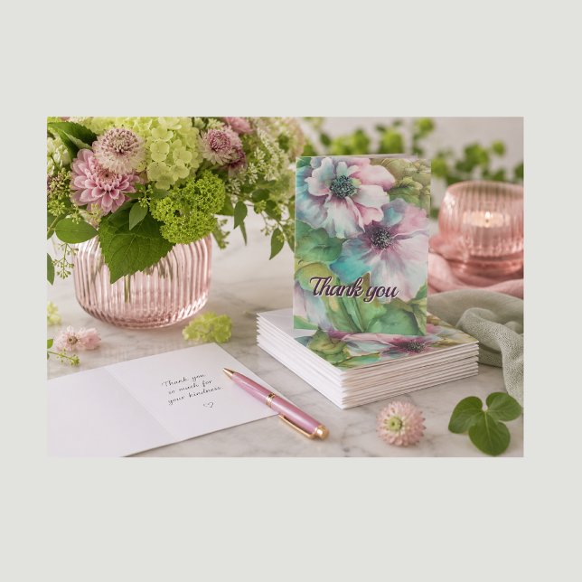 Handmålade Anemoner ”Tack” -kort — Vikt, Tack Kort (Pink Anemone Flowers Note Cards they will adore. Watercolor florals that celebrate flowers & friends)
