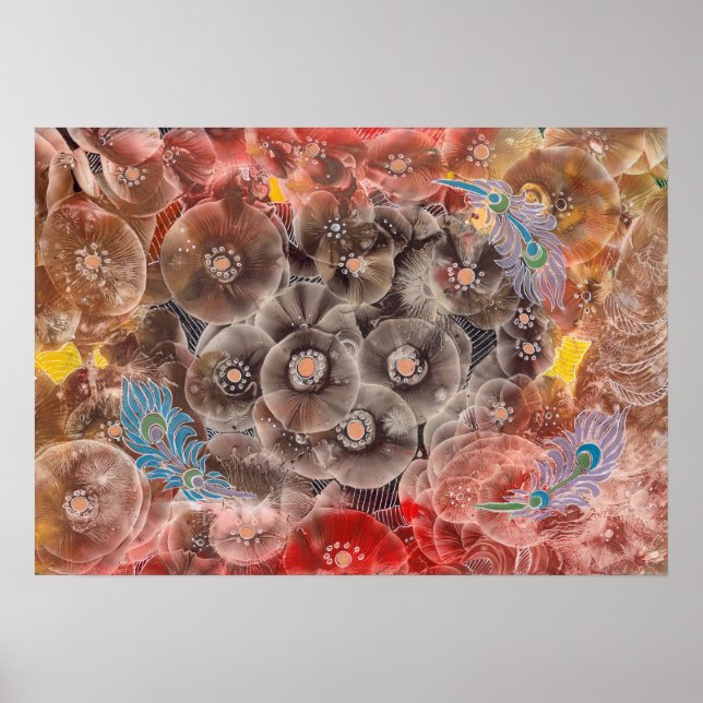 Handmålade blommor konst med påfågelsfjädrar poster (Framsidan)
