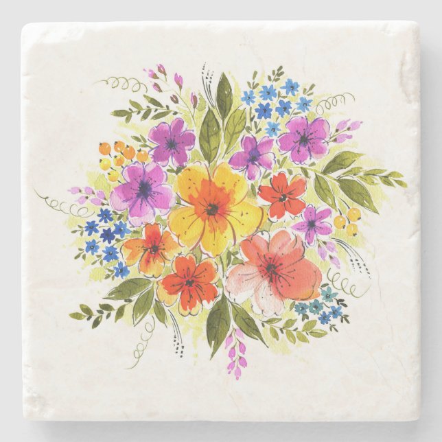 Handmålade blommor, ljust vattenfärgsbukett. stenunderlägg (Framsidan)