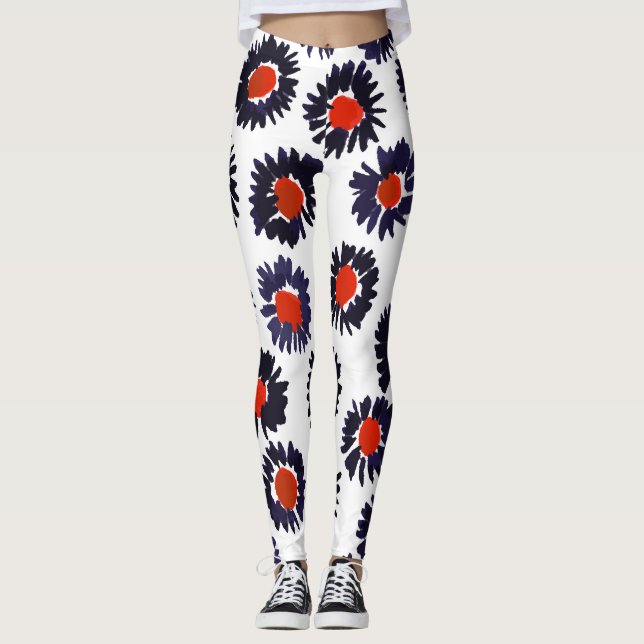 Handmålade blommor, röd och blå mönster. leggings (Framsida)