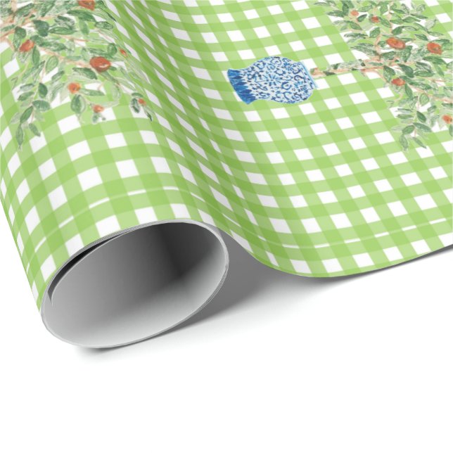 Handmålade Gingham Orange Träd Wrapping Papprare Presentpapper (Rullad Hörn)