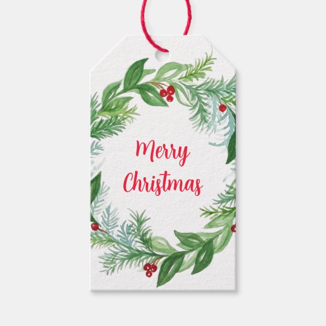 Handmålade Gröntar för vattenfärg, julgranar Presentetikett (Framsidan)