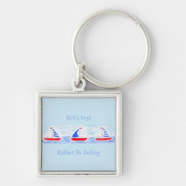 Handmålade havsfärgade segelbåtar i stället för se fyrkantig silverfärgad nyckelring (Framsidan)