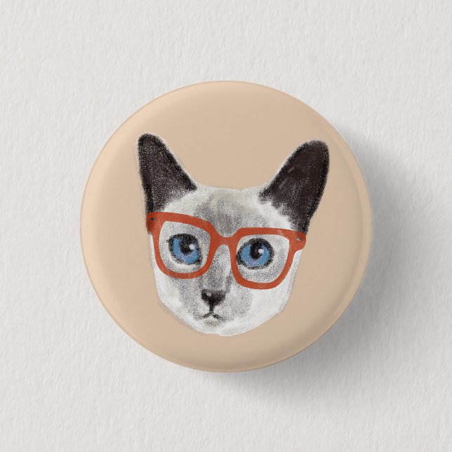 Handmålade hipster Siamese Cat Wearing Glasses Knapp (Framsida)