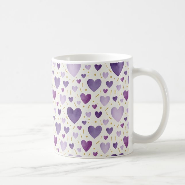 Handmålade lavendel- och guldvattenfärgshjärtan kaffemugg (Höger)