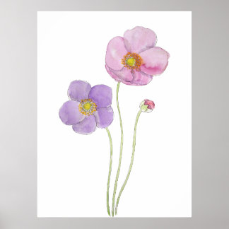 handmålade lila- och rosa cosmos blommor bläck och poster