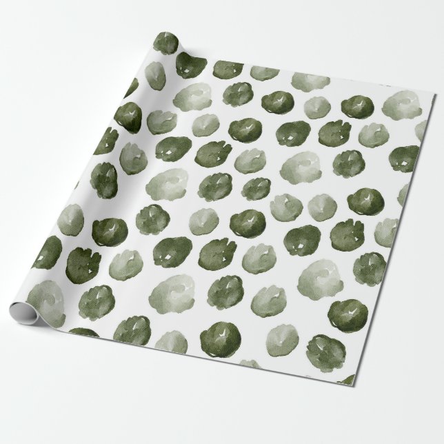 Handmålade mossgröna akvarellprickar presentpapper (Utrullad)