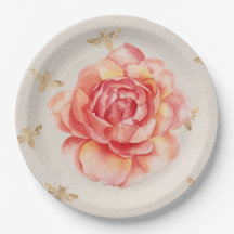 Handmålade Ro eller Peony w/ Golden Bees on White