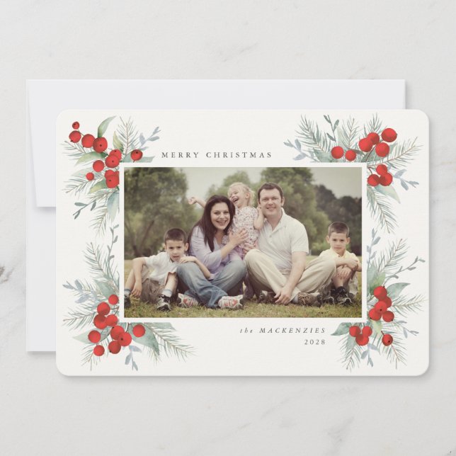 Handmålade röda bär Jul Holiday Foto Inbjudningar (Framsida)