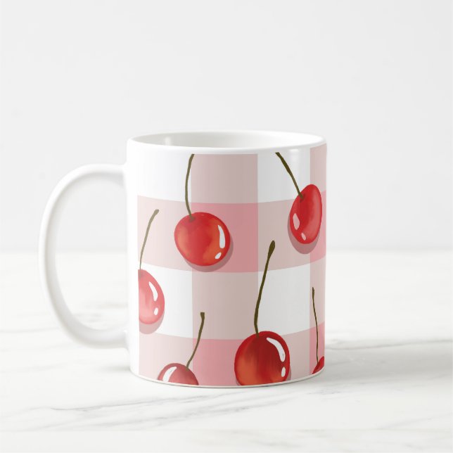 Handmålade röda körsbär sömlöst mönster kaffemugg (Vänster)