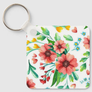 Handmålade Rosa Flowers Blommönster-23498 Nyckelring