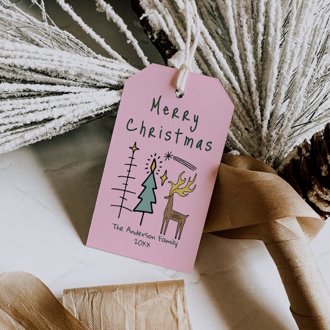 Handmålade rosa jul funky träd renar presentetikett (Skapare uppladdad)