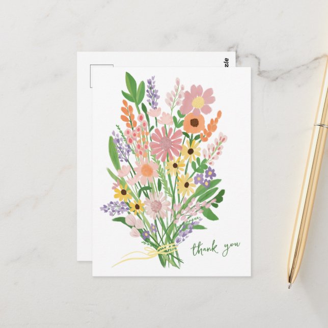 Handmålade vilda blommor Färgrik Gouache Tack Vykort (Fram/Back In Situ)