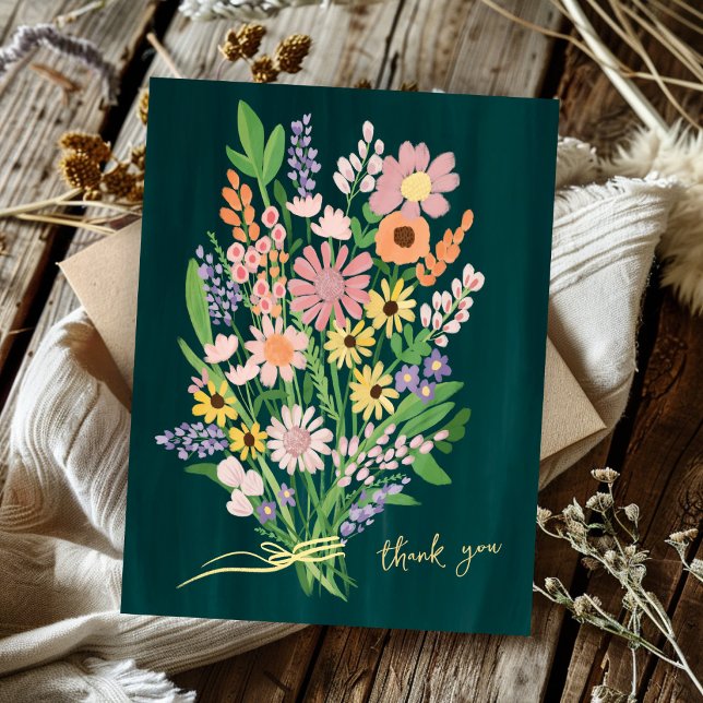 Handmålade vilda blommor Färgrik Gouache Tack Vykort (Wildflowers Handpainted Colorful Gouache Thank You Postcard
)