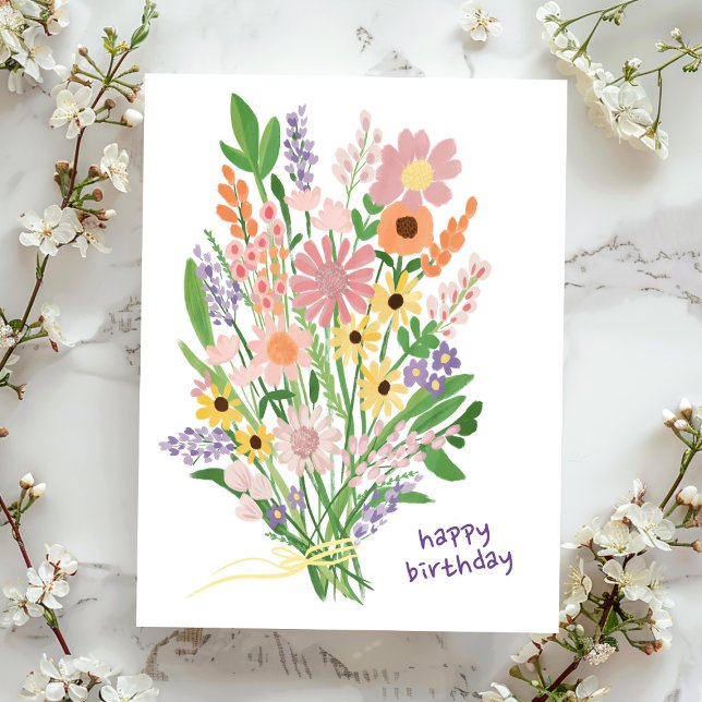Handmålade vildblommor Gouacheche Grattis på födel Vykort (Wildflowers Handpainted Gouache Bouquet Happy Birthday Custom  Postcard
)