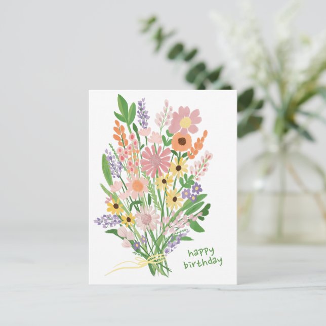 Handmålade vildblommor Gouacheche Grattis på födel Vykort (Stående Fram)