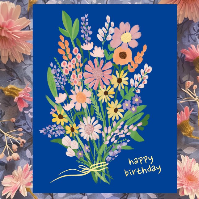 Handmålade vildblommor i gouache Gott födelsedag Vykort (Wildflowers Handpainted Bouquet Gouache Happy Birthday Blue Postcard
)