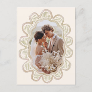 Handmålat beige scallopedat ovalfoto ram vykort