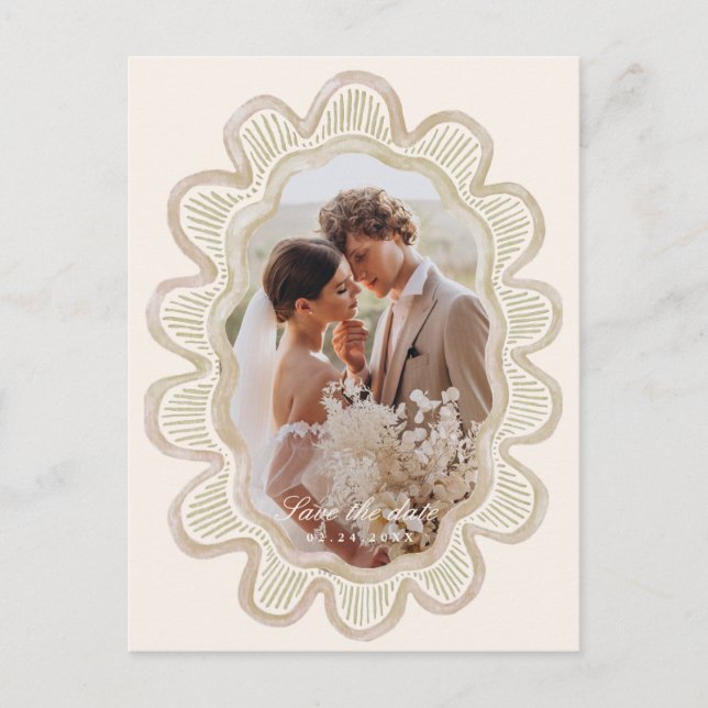 Handmålat beige scallopedat ovalfoto ram vykort (Framsida)