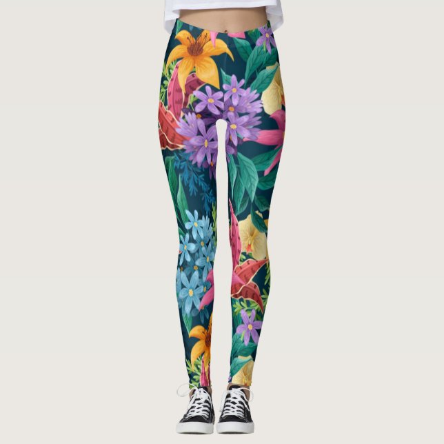 Handmålat exotiskt blommönster-23001 leggings (Framsida)