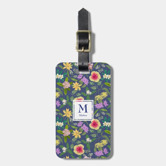 Handmålat färgat Tropical Flowers Monogram Bagagebricka (Vertikal Framsida)
