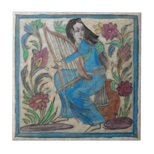 Handmålat kvinna med Harp Persian Antique Repro Kakelplatta