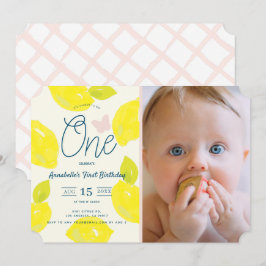 Handmålat Lemon & Rosa Check första födelsedag Inbjudningar