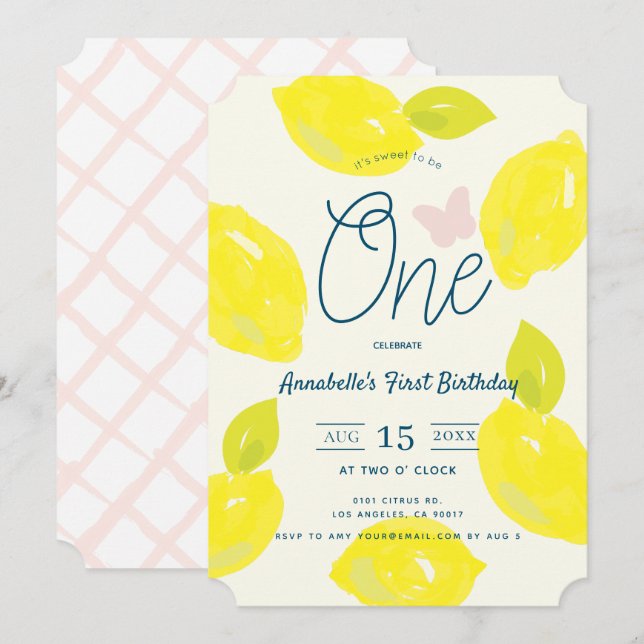Handmålat Lemon & Rosa Check första födelsedag Inbjudningar (Fram/baksida)