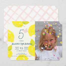 Handmålat Lemon & Rosa Check Foto Birthday Inbjudningar