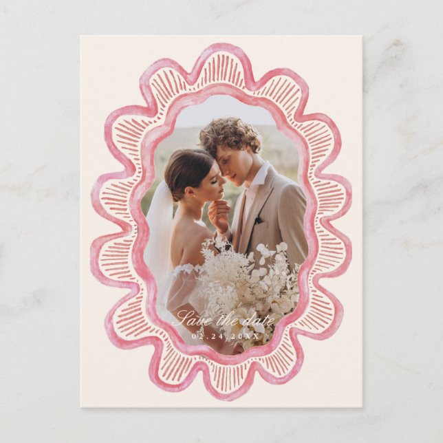 Handmålat ovalfoto av rosa ram vykort (Framsida)