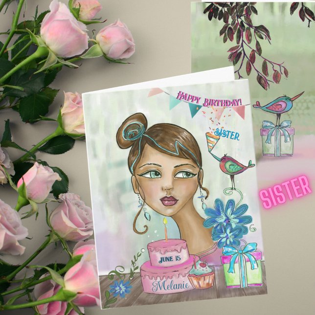 Handmålat systerdagskort med kummel kort (Hand-Painted Sister Birthday Card with Cake)