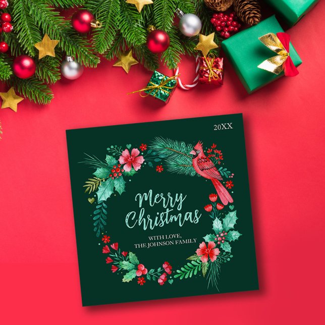 Handmålat vattenfärgsutandning med Greenery Julkort (Family Christmas Card with Watercolor Botanicals)