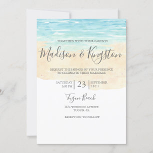 Handmålat Watercolor Blue Beach Wedding Inbjudan