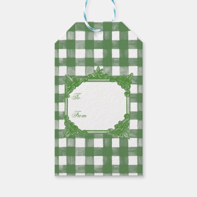 HANDPAINERAD GINGHAM-Grönt blandad med Toile Presentetikett (Framsidan)