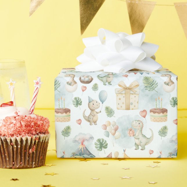 HandPainted Birthday Dinos Wrapping Paper Roll Presentpapper (Födelsedagsfest)