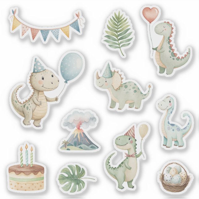 HandPainted Happy Birthday Dinos Sticker Klistermärken (Framsida)