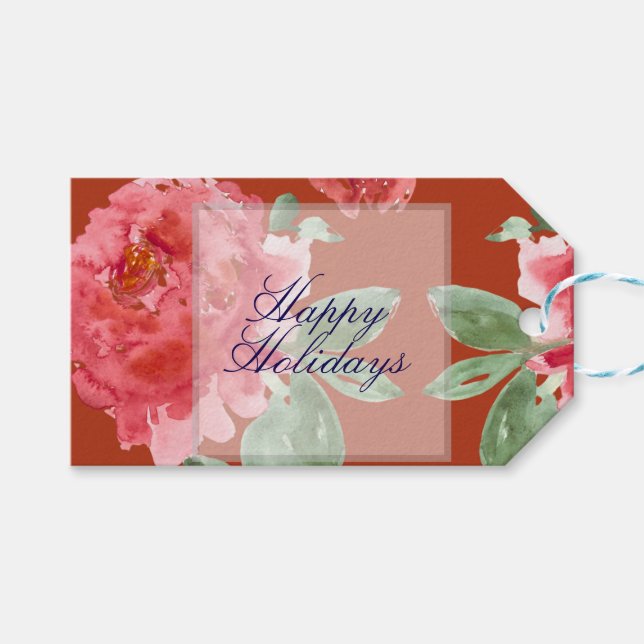 Handpainted Red Roses Holiday Luncheon Presentetikett (Framsidan (Horisontell))