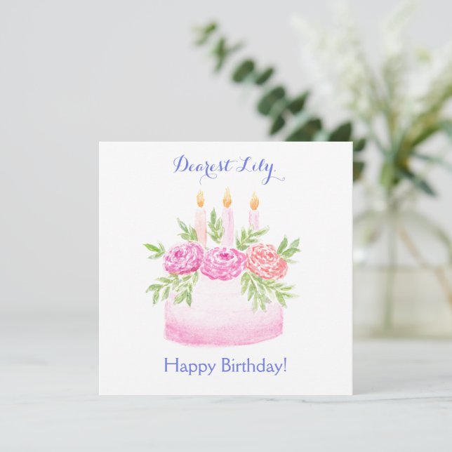 Handpainted Watercolor Floral BIRTHDAY Cake CARD (Stående Fram)