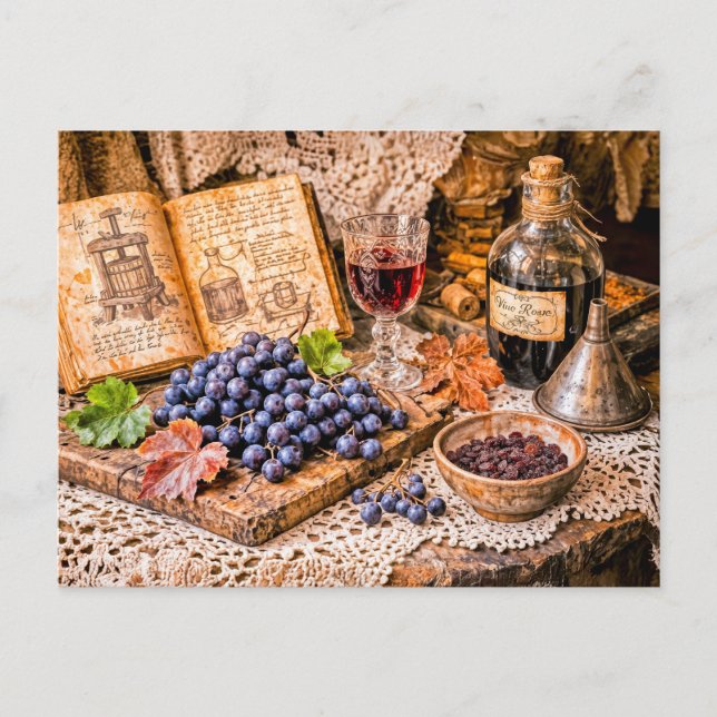 Handpressat traditionellt vin med druvor och vinti vykort (Framsida)