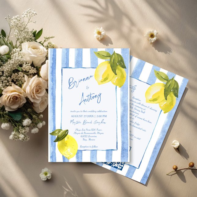 Handrawn blue rand citons Italienska bröllop Inbjudningar (Handrawn blue stripes lemons Italian wedding Invitation cards with RSVP template instant download)