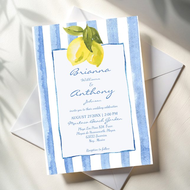 Handrawn blue rand citons Italienska bröllop Inbjudningar (Handrawn blue stripes lemons Italian style wedding Invitation cards template instant download)