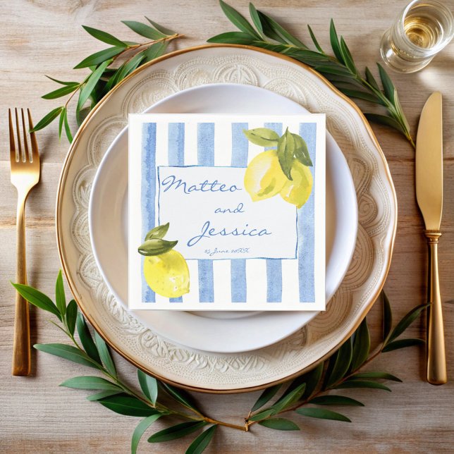 Handrawn blue rand citons Italienska bröllop Pappersservett (Handrawn blue stripes lemons Italian wedding monogrammed Napkins personalized decor printed napkins)