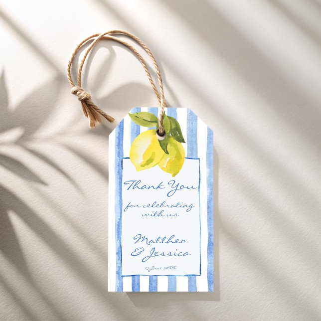 Handrawn blue rand citons Italienska bröllop Presentetikett (Handrawn blue stripes lemons Italian wedding favor Gift Tags personalized favor tags)