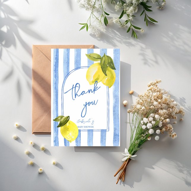 Handrawn blue rand lemons babydusch tack kort (Ciao bambino Handrawn blue stripes lemons Italian baby shower thank you cards)