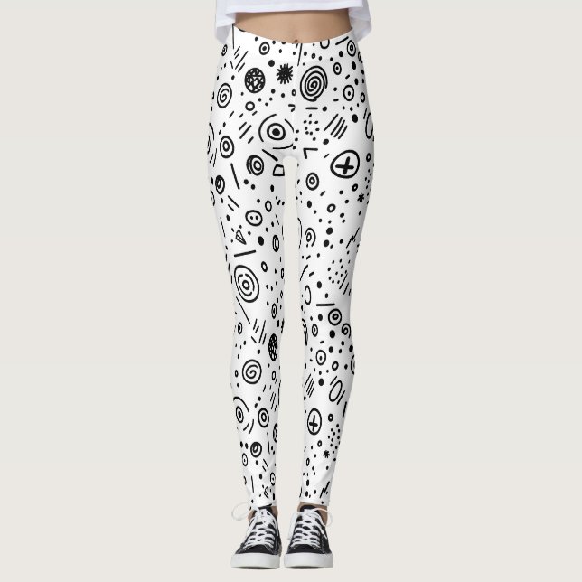 Handritad Abstrakt Krafs - Svart och Vitt Leggings (Framsida)