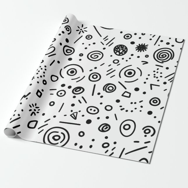 Handritad Abstrakt Krafs - Svart och Vitt Presentpapper (Utrullad)
